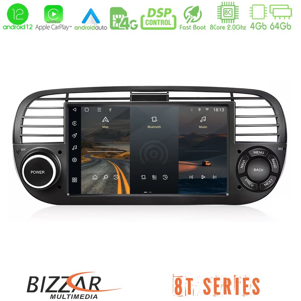 Bizzar OEM Fiat 500 2008-2015 8core Android12 4+64GB Navigation Multimedia Deckless 7" με Carplay/AndroidAuto