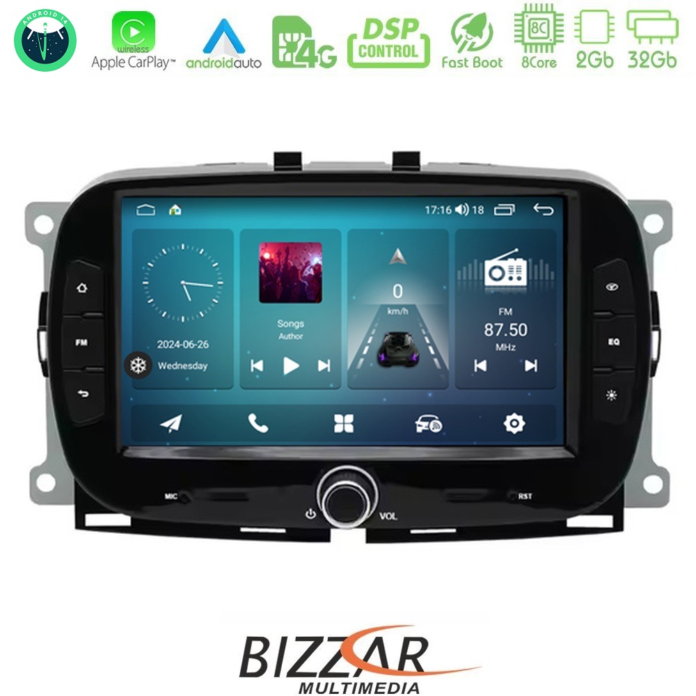 Bizzar Fiat 500 2016> 8core Android14 2+32GB Navigation Multimedia Deckless 7″ με Carplay/AndroidAuto (OEM Style)