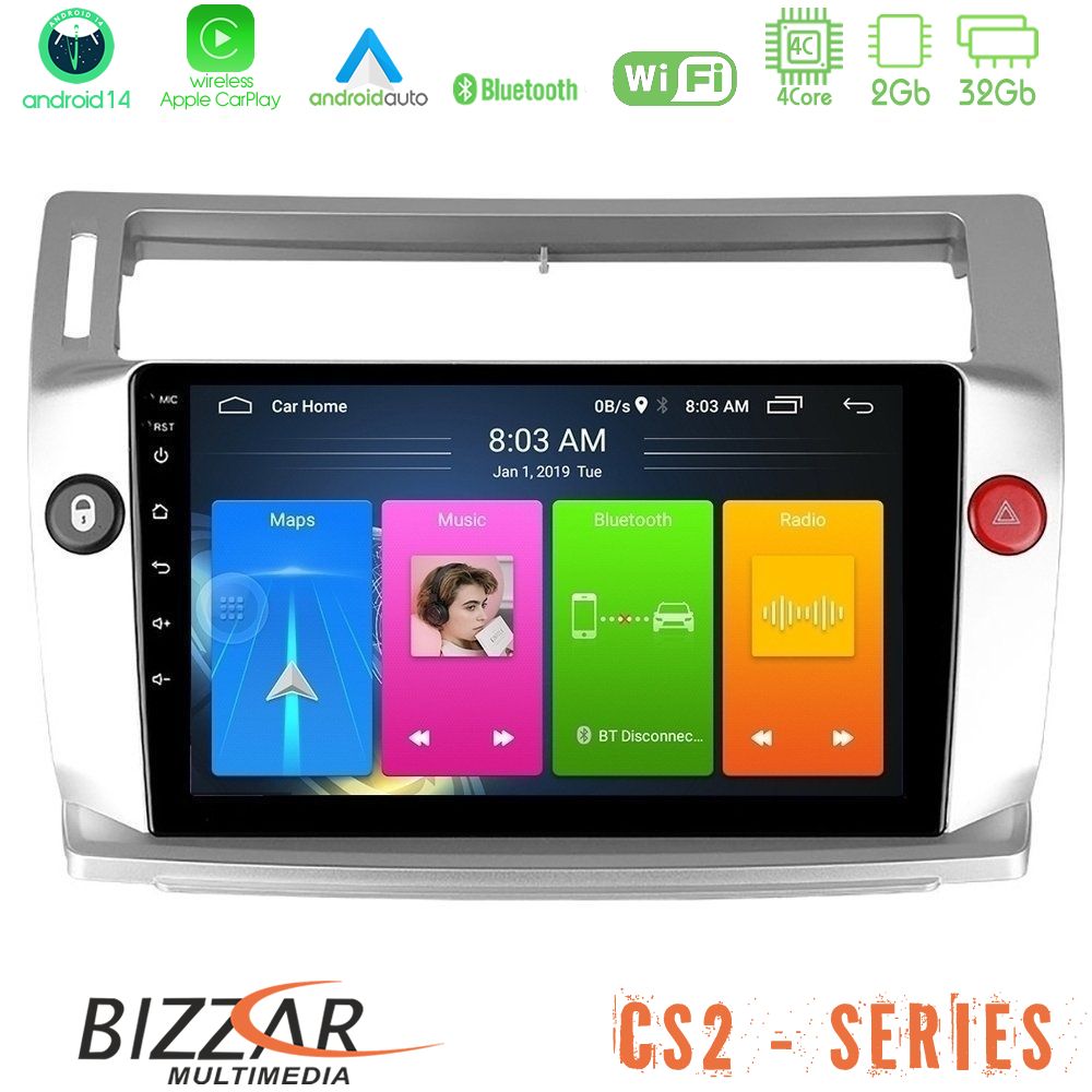 Bizzar CS2 Series 4Core Android14 2+32GB Citroen C4 2004-2010 Navigation Multimedia Tablet 9" Με Carplay & Android Auto