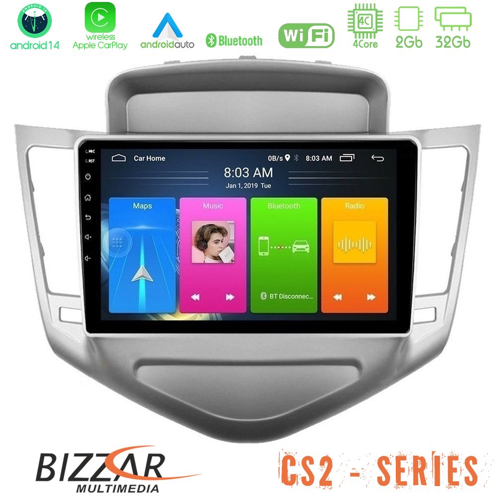 Bizzar CS2 Series 4Core Android14 2+32GB Chevrolet Cruze 2009-2012 Navigation Multimedia Tablet 9" Με Carplay & Android Auto