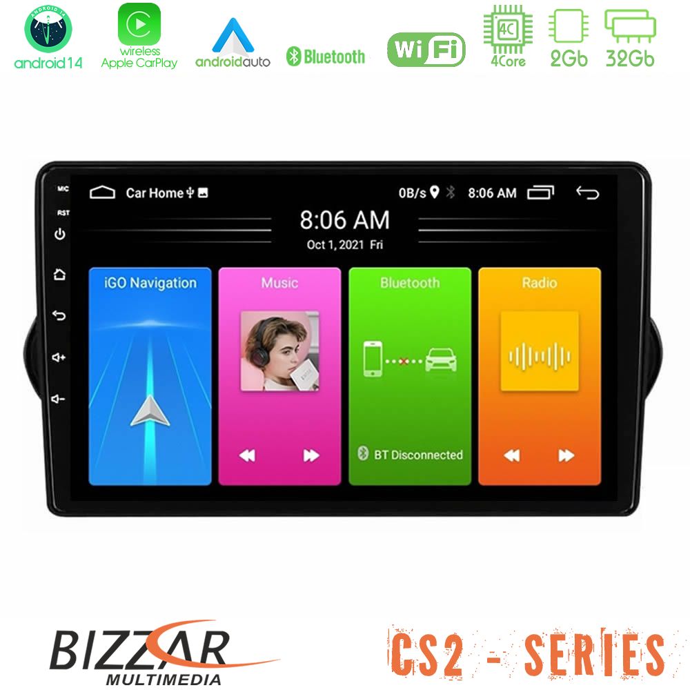 Bizzar CS2 Series 4Core Android14 2+32GB Fiat Tipo 2015-2022 (Sedan) Navigation Multimedia Tablet 9" Με Carplay & Android Auto