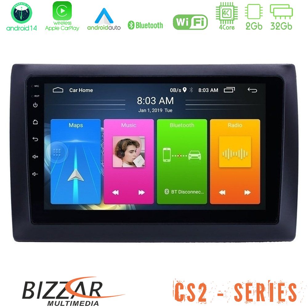 Bizzar CS2 Series 4Core Android14 2+32GB Fiat Stilo Navigation Multimedia Tablet 9" Με Carplay & Android Auto