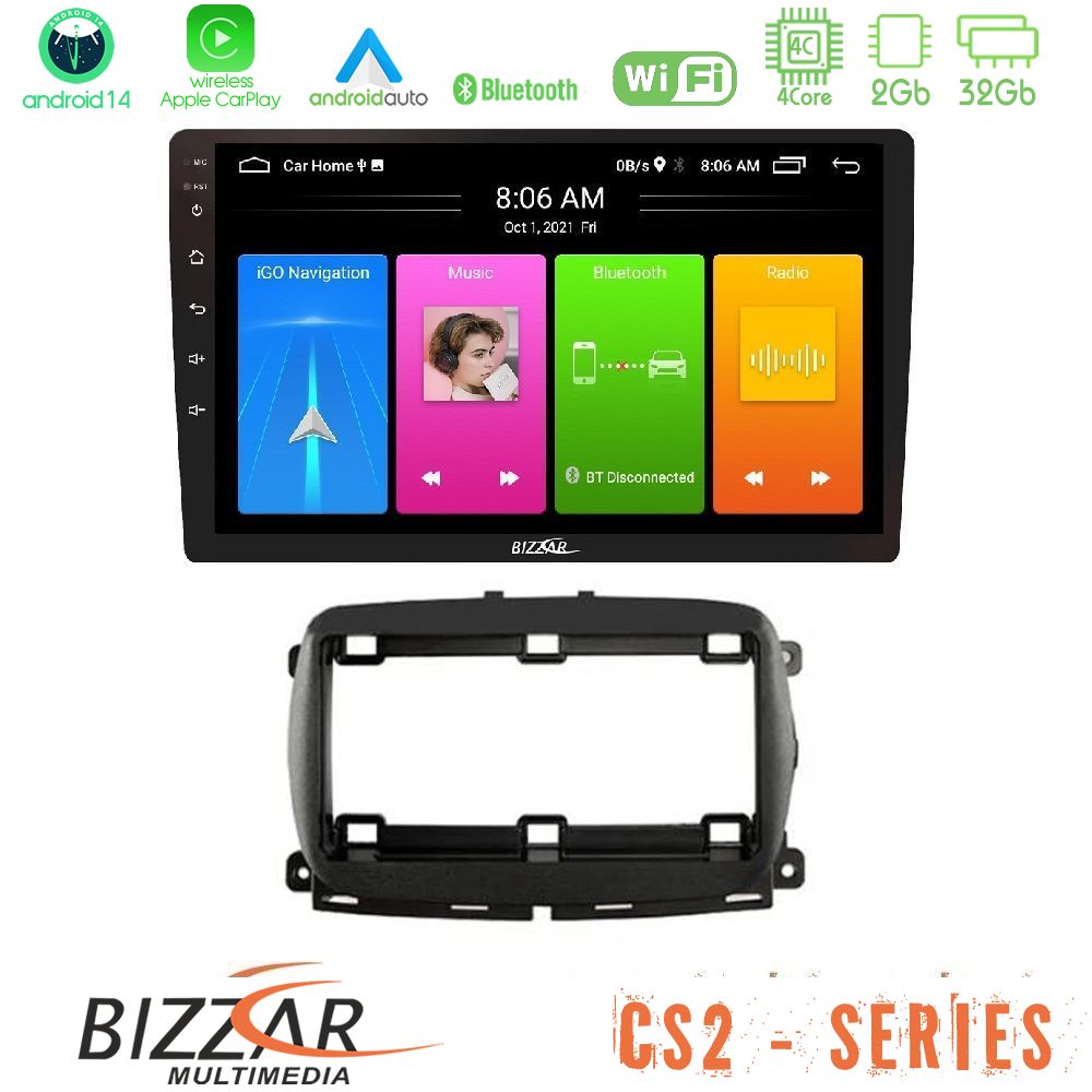 Bizzar CS2 Series 4Core Android14 2+32GB  Fiat 500 2016> Navigation Multimedia Tablet 9" Με Carplay & Android Auto