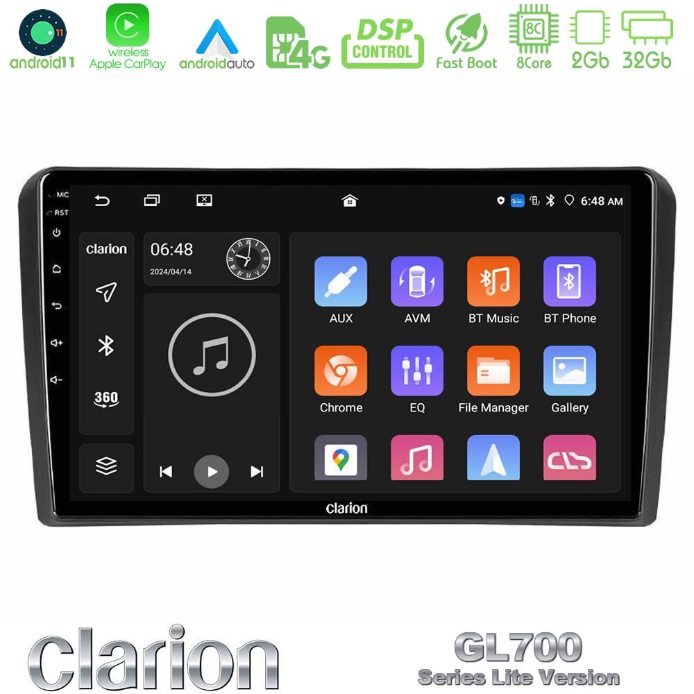 Clarion GL700 Lite Series 8Core Android11 2+32GB Audi A3 8P Navigation Multimedia Tablet 9" Με Carplay & Android Auto