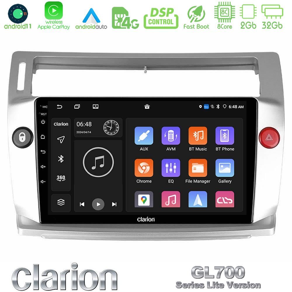 Clarion GL700 Lite Series 8Core Android11 2+32GB Citroen C4 2004-2010 Navigation Multimedia Tablet 9" Με Carplay & Android Auto