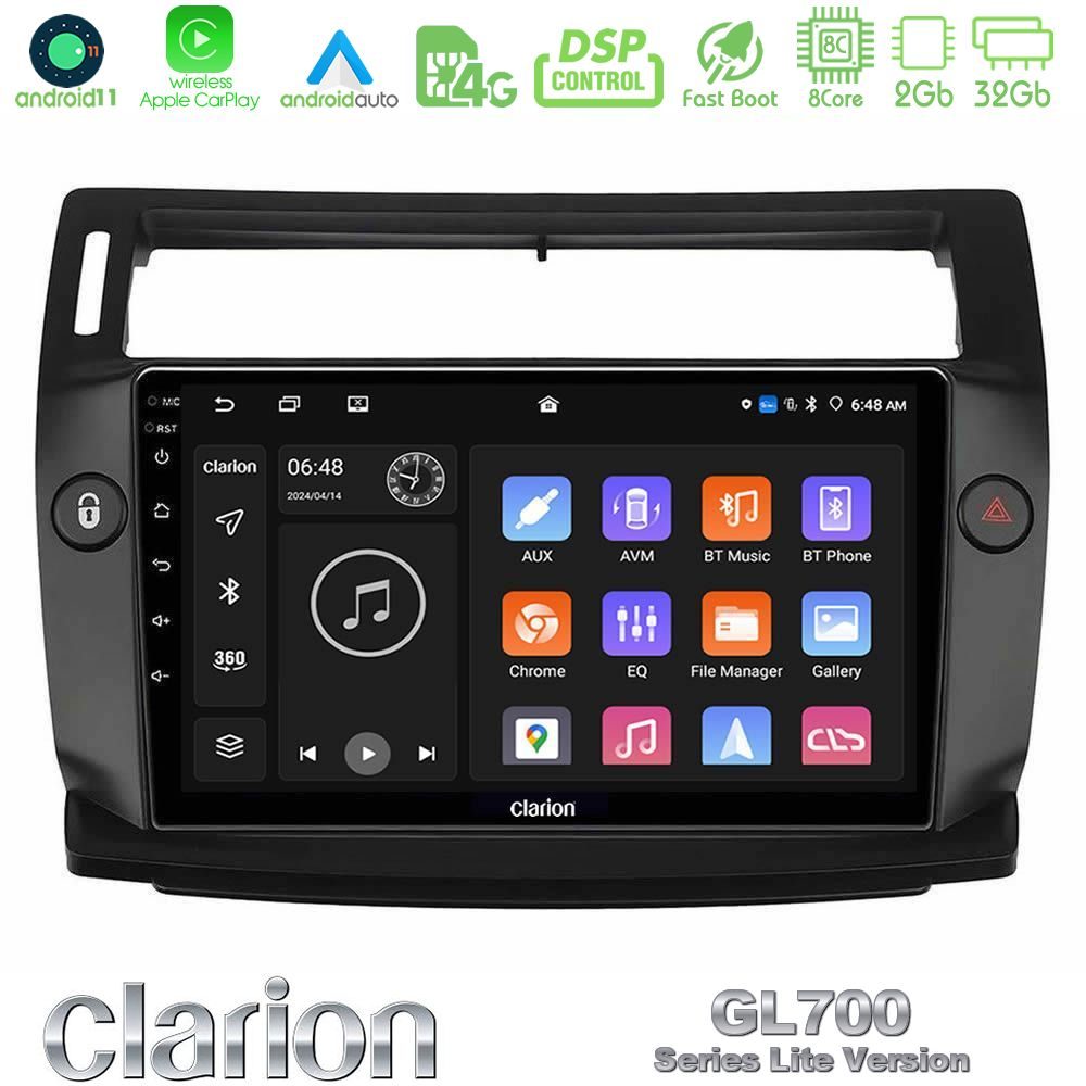 Clarion GL700 Lite Series 8Core Android11 2+32GB Citroen C4 2004-2010 Navigation Multimedia Tablet 9" (μαύρο χρώμα) Με Carplay & Android Auto