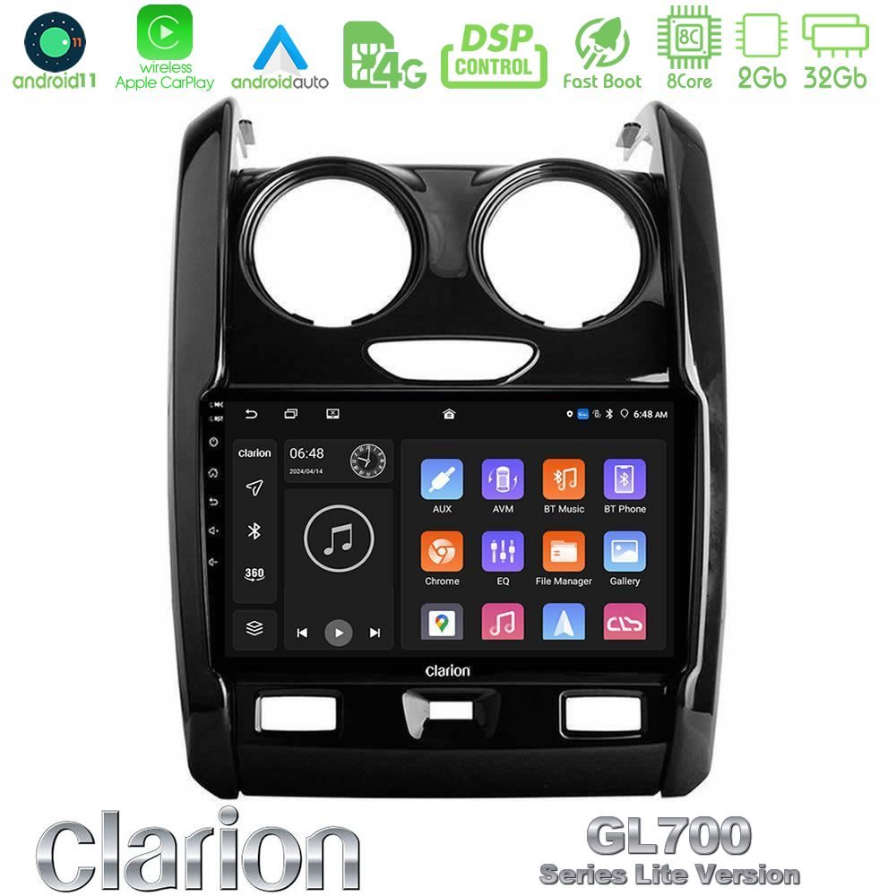 Clarion GL700 Lite Series 8Core Android11 2+32GB Dacia Duster 2014-2018 Navigation Multimedia Tablet 9" Με Carplay & Android Auto