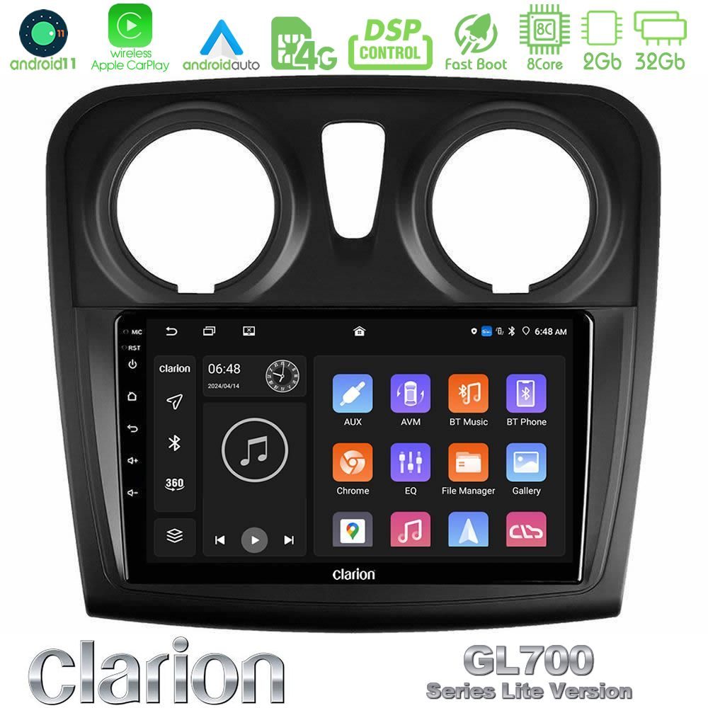 Clarion GL700 Lite Series 8Core Android11 2+32GB Dacia Sandero/Dokker 2014-2020 Navigation Multimedia Tablet 9" Με Carplay & Android Auto