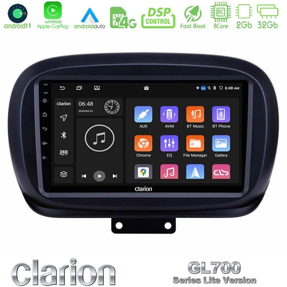 Clarion GL700 Lite Series 8Core Android11 2+32GB Fiat 500X Navigation Multimedia Tablet 9" Με Carplay & Android Auto