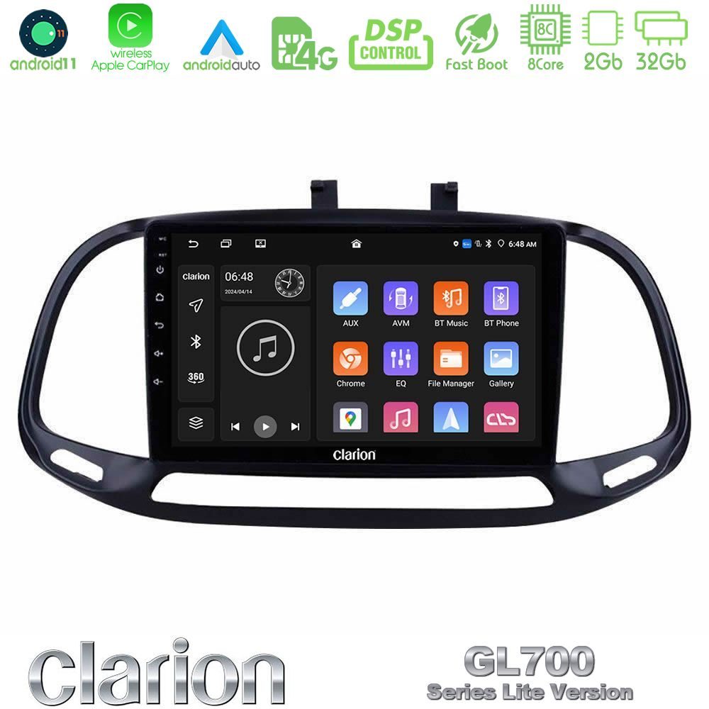 Clarion GL700 Lite Series 8Core Android11 2+32GB Fiat Doblo 2015-2022 Navigation Multimedia Tablet 9" Με Carplay & Android Auto