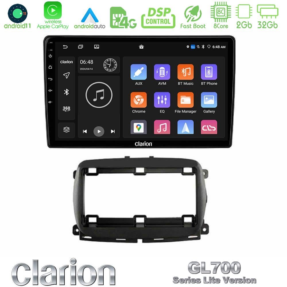 Clarion GL700 Lite Series 8Core Android11 2+32GB  Fiat 500 2016> Navigation Multimedia Tablet 9" Με Carplay & Android Auto