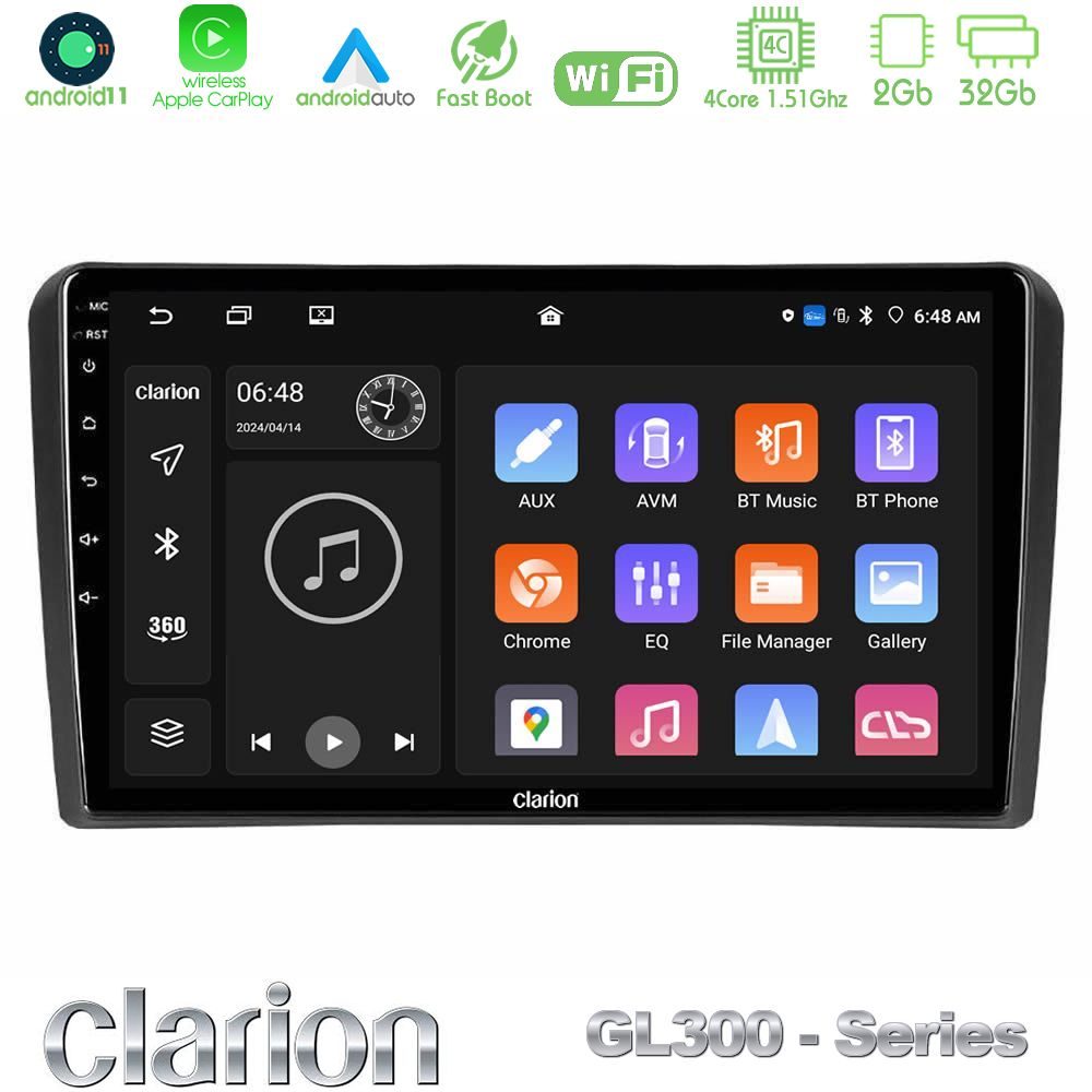 Clarion GL300 Series 4Core Android11 2+32GB Audi A3 8P Navigation Multimedia Tablet 9" Με Carplay & Android Auto