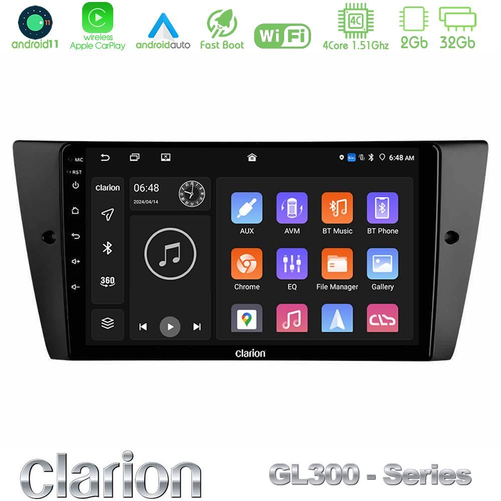 Clarion GL300 Series 4Core Android11 2+32GB BMW 3 Series 2006-2011 Navigation Multimedia Tablet 9" Με Carplay & Android Auto