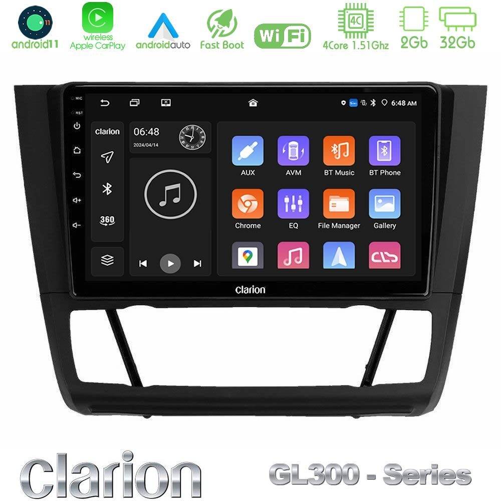 Clarion GL300 Series 4Core Android11 2+32GB BMW 1Series E81/E82/E87/E88 (AUTO A/C) Navigation Multimedia Tablet 9" Με Carplay & Android Auto