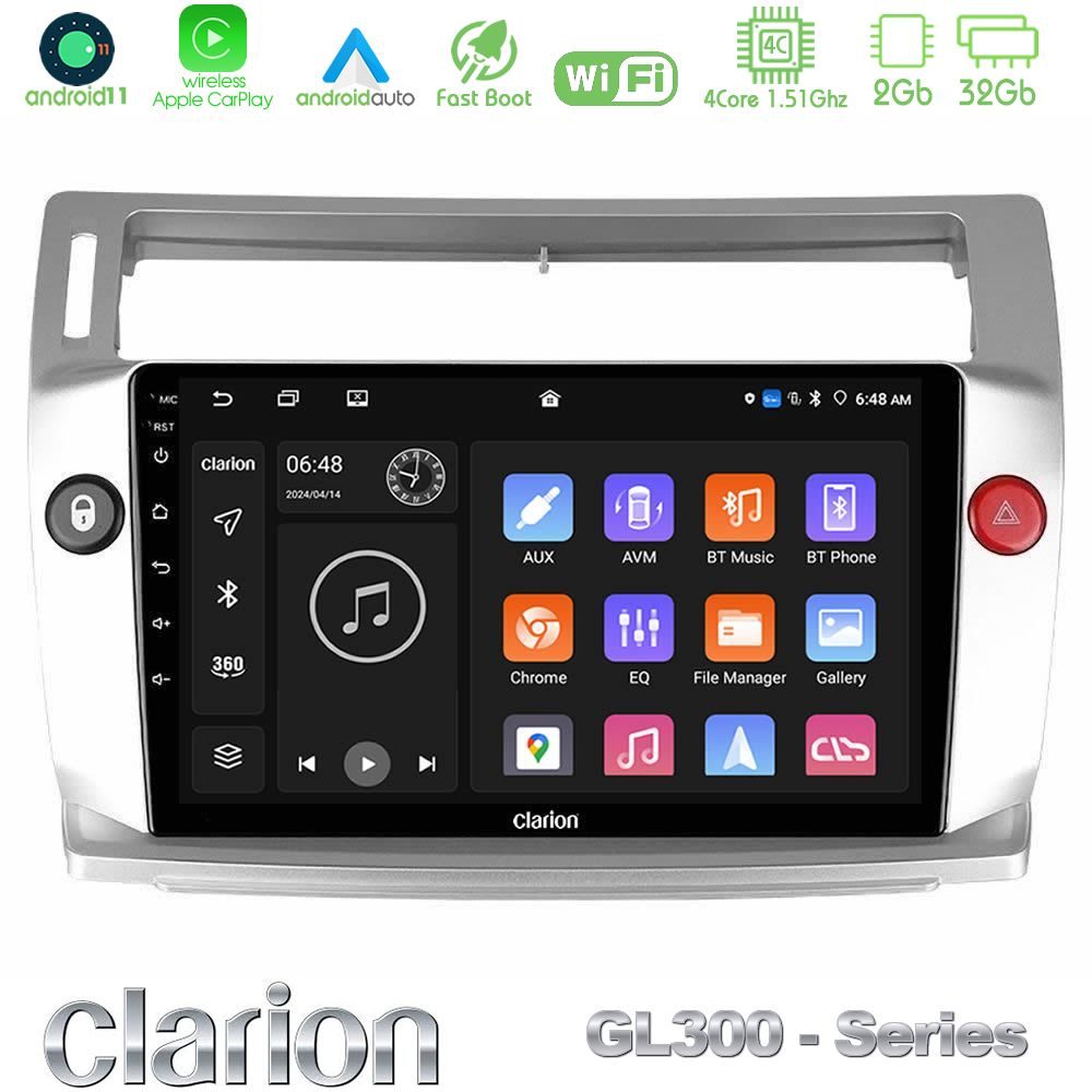 Clarion GL300 Series 4Core Android11 2+32GB Citroen C4 2004-2010 Navigation Multimedia Tablet 9" Με Carplay & Android Auto