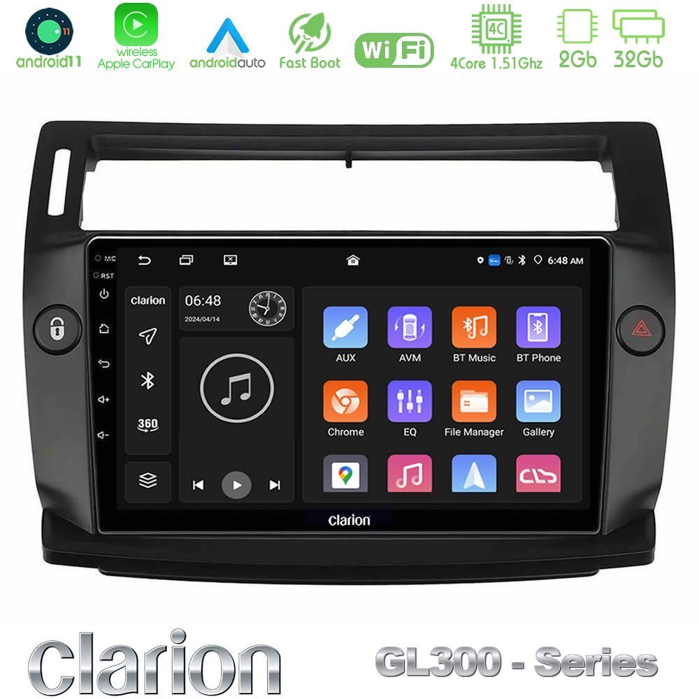 Clarion GL300 Series 4Core Android11 2+32GB Citroen C4 2004-2010 Navigation Multimedia Tablet 9" (μαύρο χρώμα) Με Carplay & Android Auto