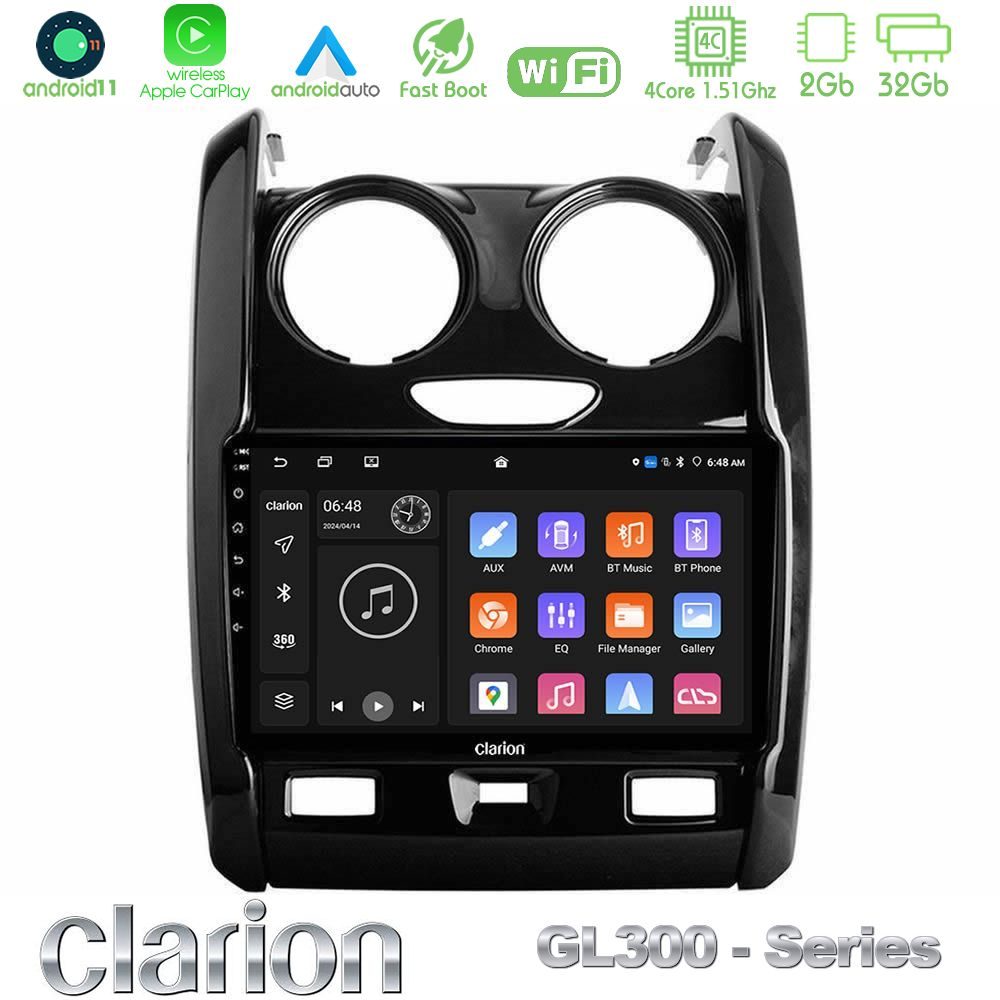 Clarion GL300 Series 4Core Android11 2+32GB Dacia Duster 2014-2018 Navigation Multimedia Tablet 9" Με Carplay & Android Auto