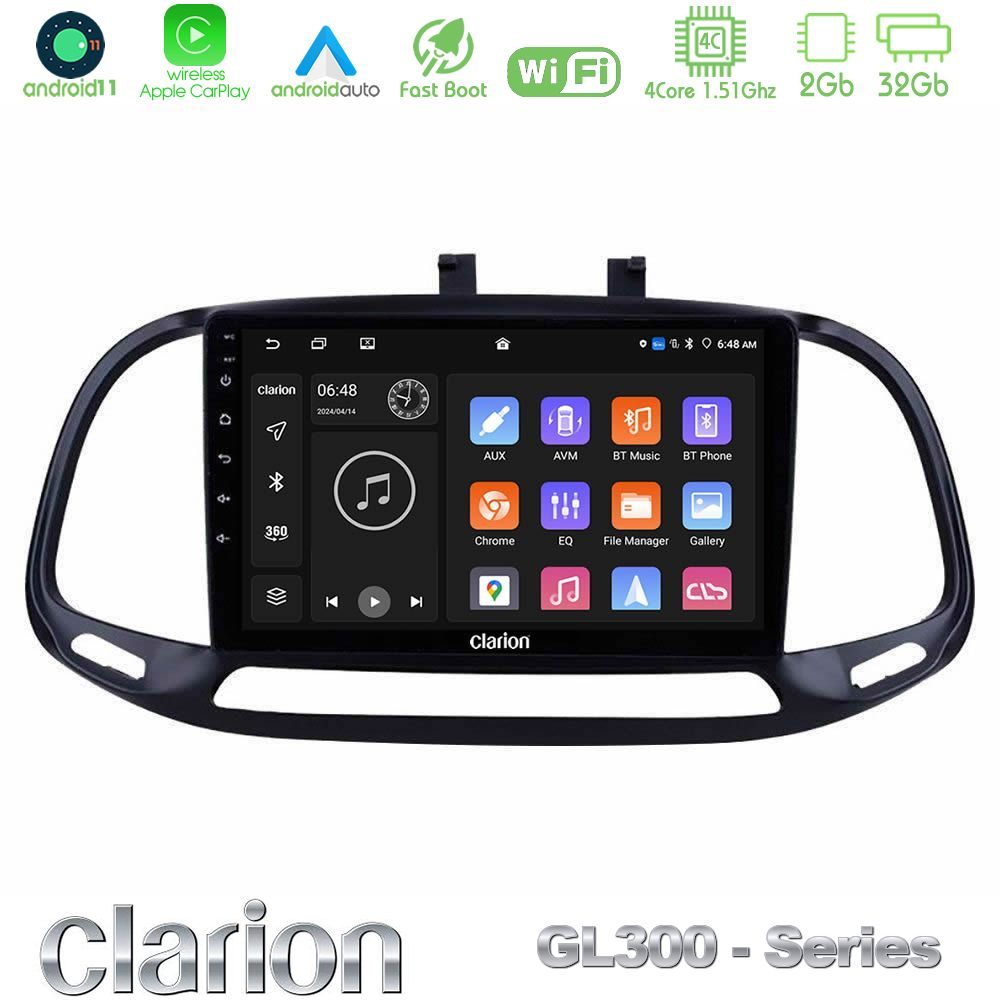 Clarion GL300 Series 4Core Android11 2+32GB Fiat Doblo 2015-2022 Navigation Multimedia Tablet 9" Με Carplay & Android Auto