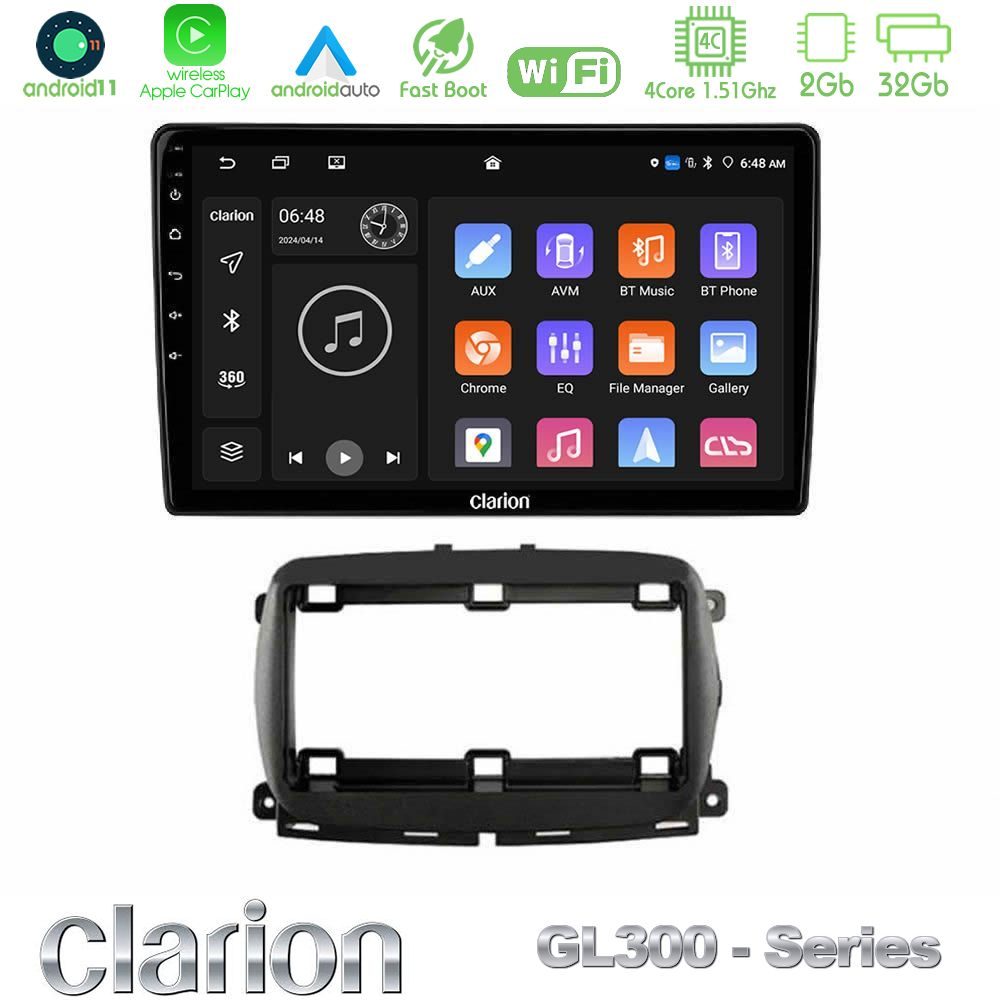 Clarion GL300 Series 4Core Android11 2+32GB  Fiat 500 2016> Navigation Multimedia Tablet 9" Με Carplay & Android Auto