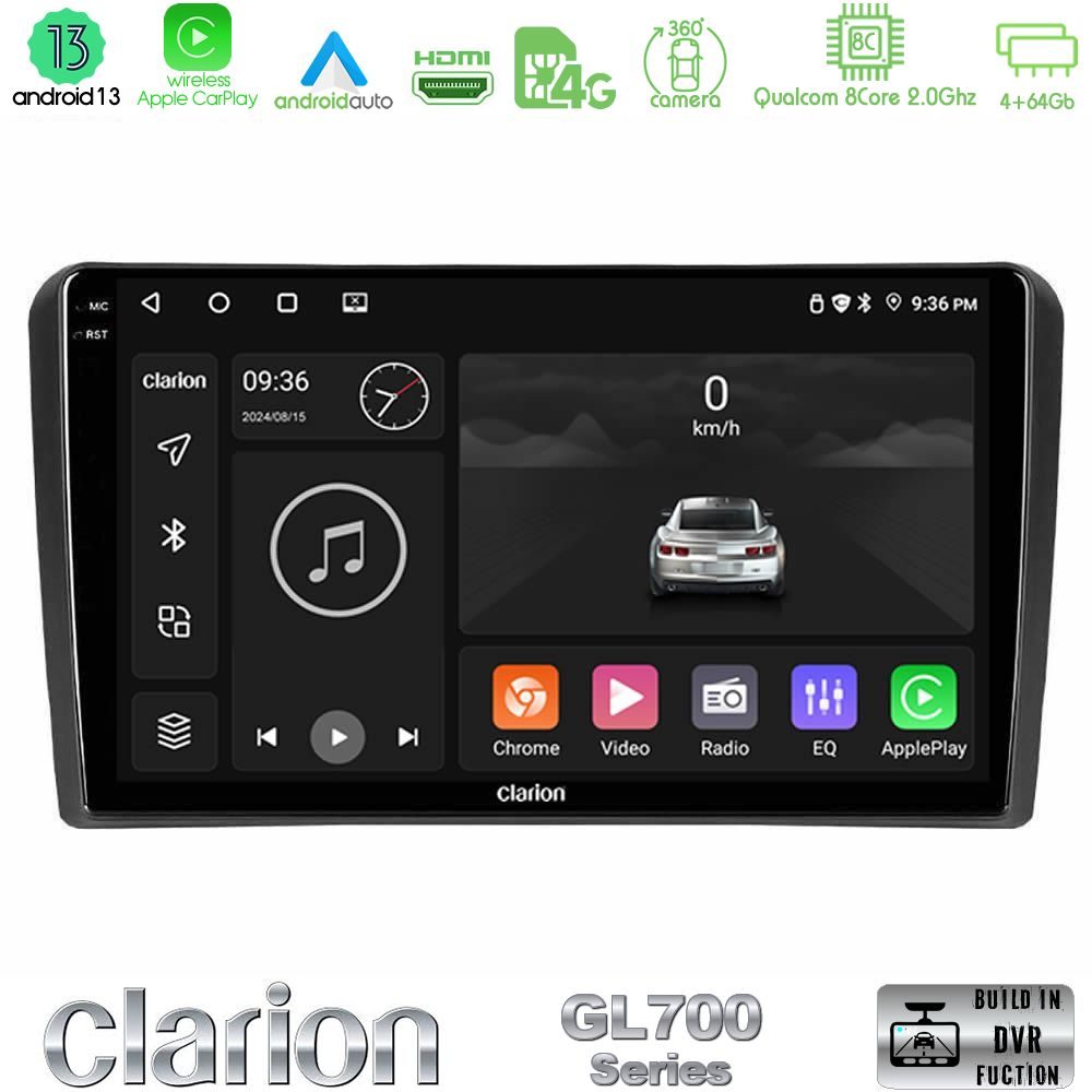 Clarion GL700 Series 8Core Android13 4+64GB Audi A3 8P Navigation Multimedia Tablet 9" Με Carplay & Android Auto