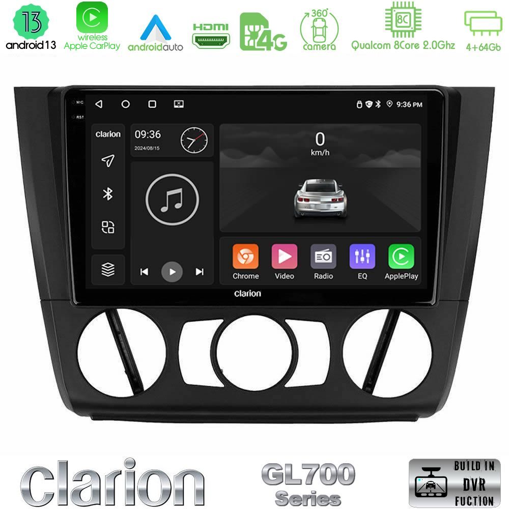 Clarion GL700 Series 8Core Android13 4+64GB BMW 1Series E81/E82/E87/E88 (MANUAL A/C) Navigation Multimedia Tablet 9" Με Carplay & Android Auto