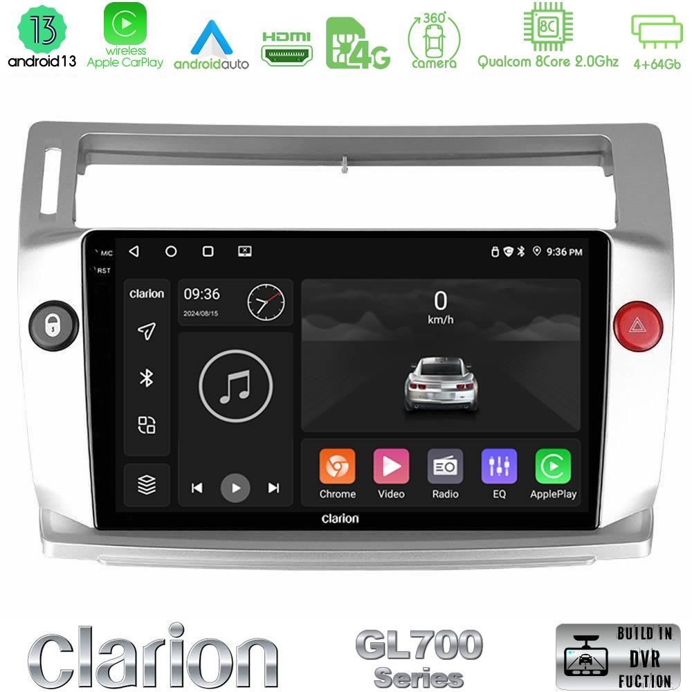 Clarion GL700 Series 8Core Android13 4+64GB Citroen C4 2004-2010 Navigation Multimedia Tablet 9" Με Carplay & Android Auto