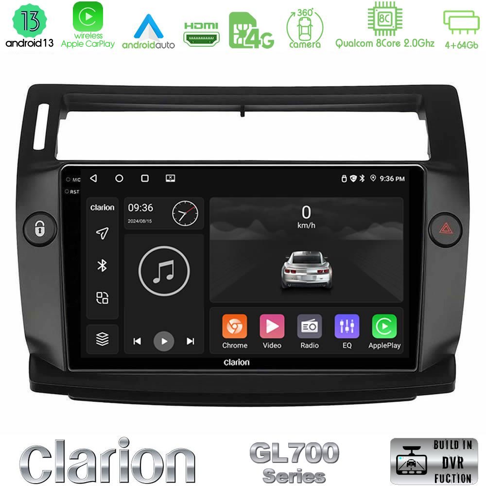 Clarion GL700 Series 8Core Android13 4+64GB Citroen C4 2004-2010 Navigation Multimedia Tablet 9" (μαύρο χρώμα) Με Carplay & Android Auto