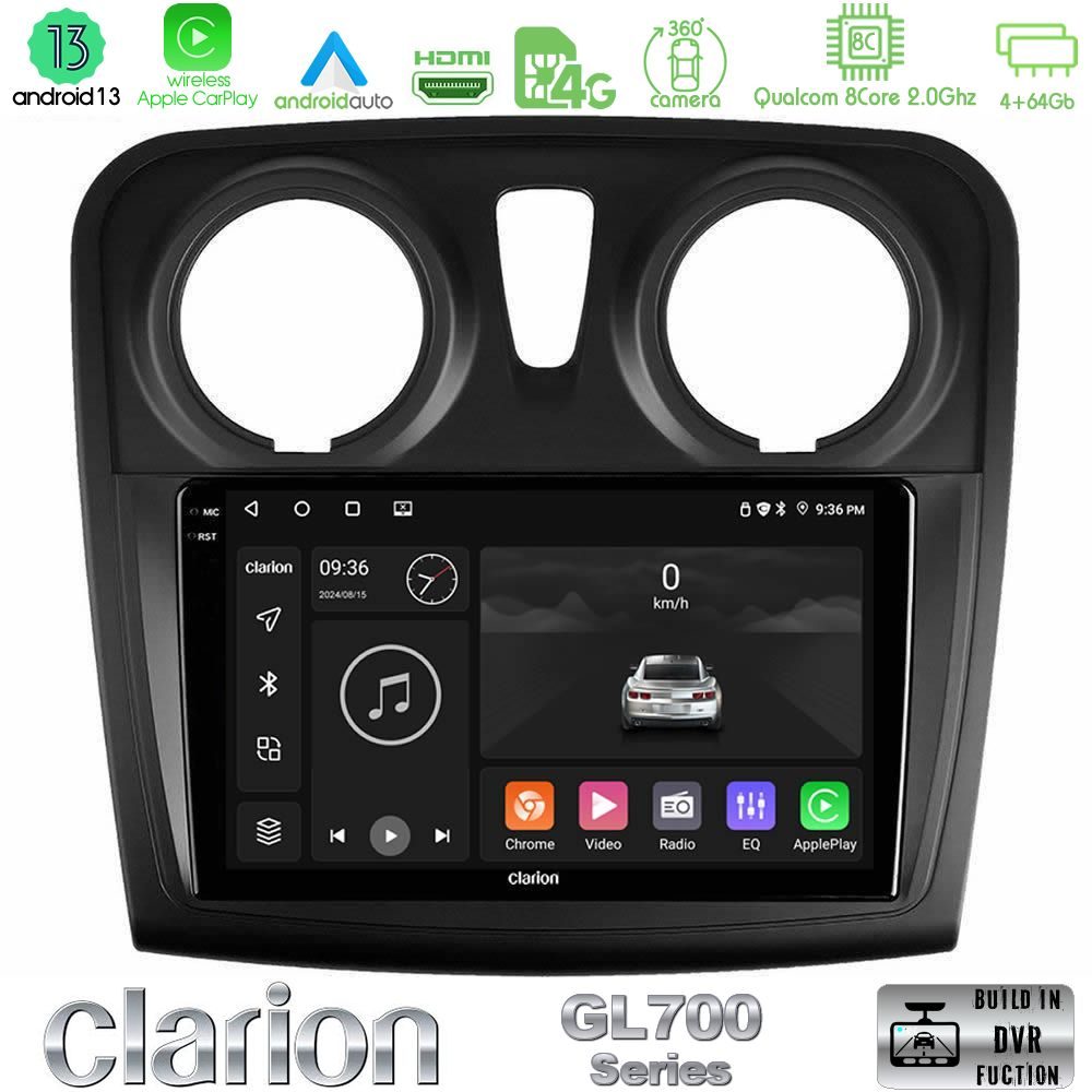 Clarion GL700 Series 8Core Android13 4+64GB Dacia Sandero/Dokker 2014-2020 Navigation Multimedia Tablet 9" Με Carplay & Android Auto