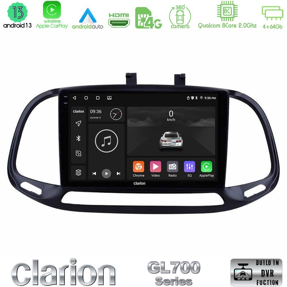 Clarion GL700 Series 8Core Android13 4+64GB Fiat Doblo 2015-2022 Navigation Multimedia Tablet 9" Με Carplay & Android Auto