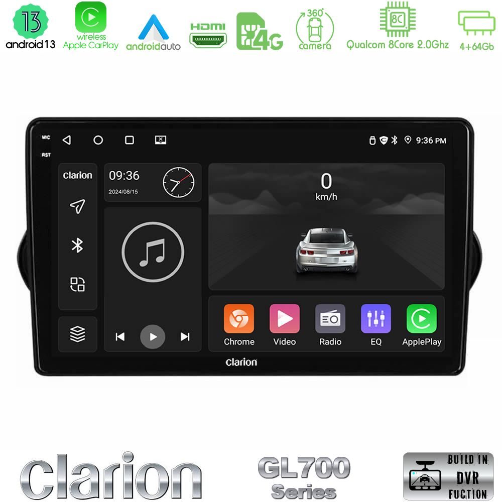 Clarion GL700 Series 8Core Android13 4+64GB Fiat Tipo 2015-2022 (Hatchback) Navigation Multimedia Tablet 9" Με Carplay & Android Auto