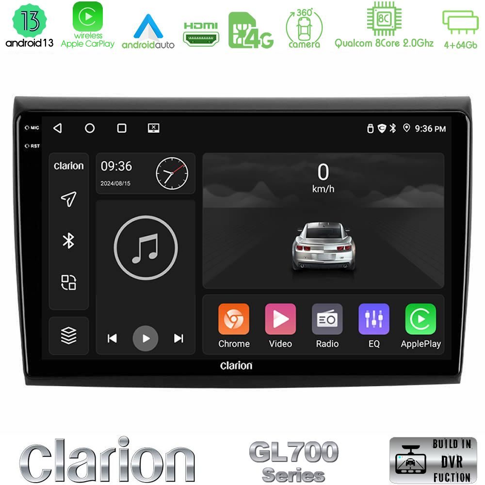 Clarion GL700 Series 8Core Android13 4+64GB Fiat Bravo Navigation Multimedia Tablet 9" Με Carplay & Android Auto