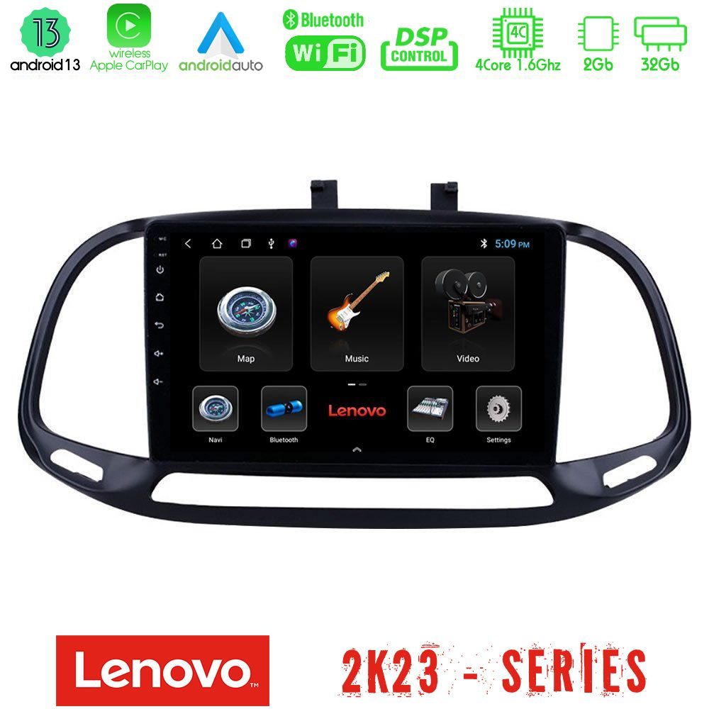 Lenovo Car Pad Fiat Doblo 2015-2022 4Core Android 13 2+32GB Navigation Multimedia Tablet 9"