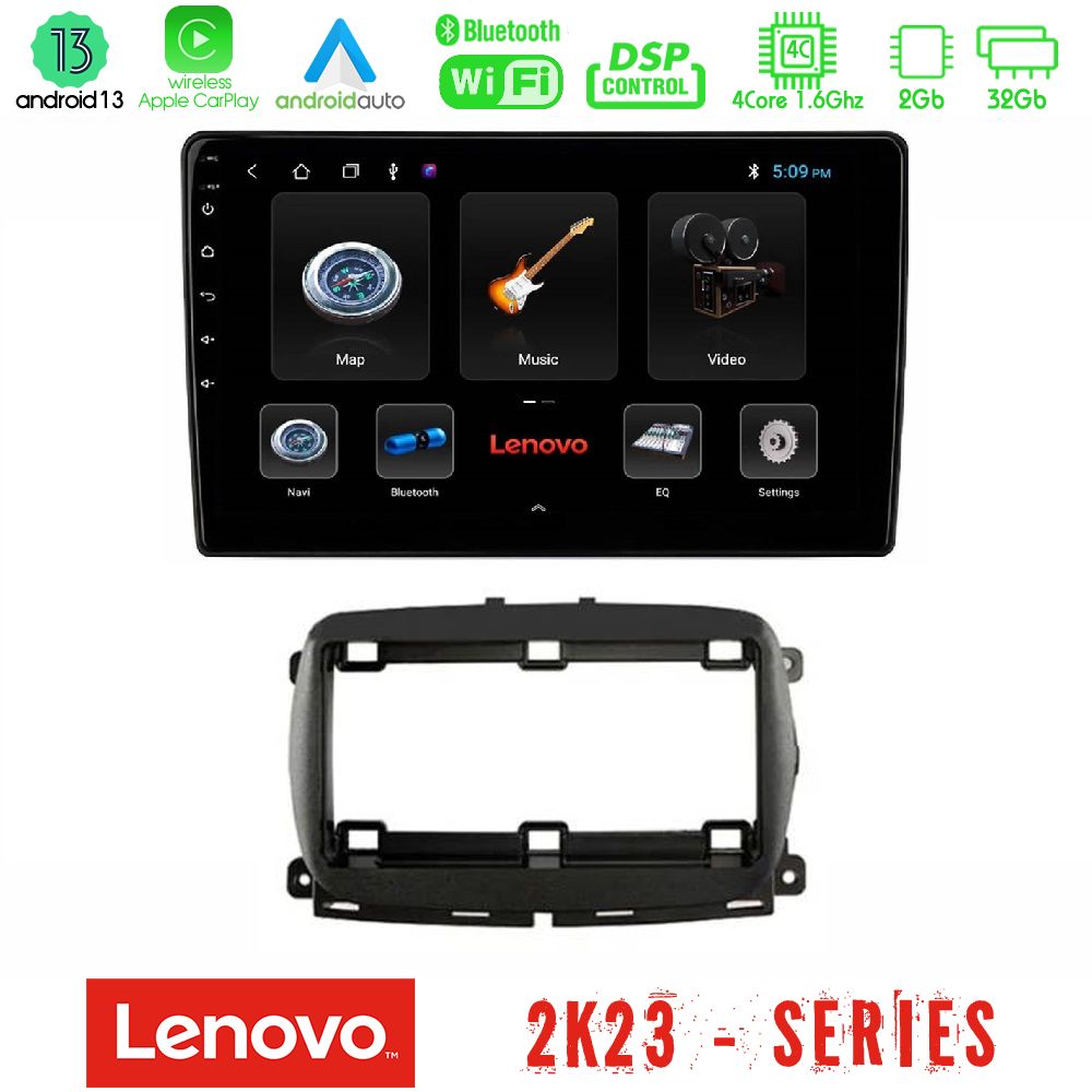 Lenovo Car Pad Fiat 500 2016> 4Core Android 13 2+32GB Navigation Multimedia Tablet 9"