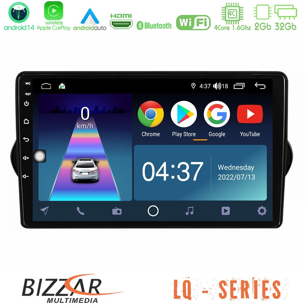 Bizzar LQ Series 4Core Android14 2+32GB Fiat Tipo 2015-2022 (Sedan) Navigation Multimedia Tablet 9" Με Carplay & Android Auto