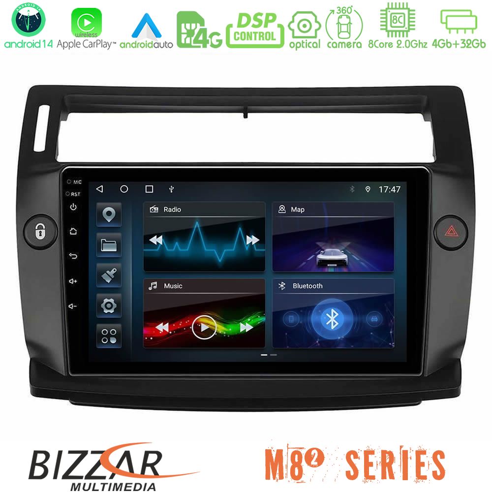 Bizzar M8² Series 8Core Android14 4+32GB  Citroen C4 2004-2010 Navigation Multimedia Tablet 9" (μαύρο χρώμα) Με Carplay & Android Auto