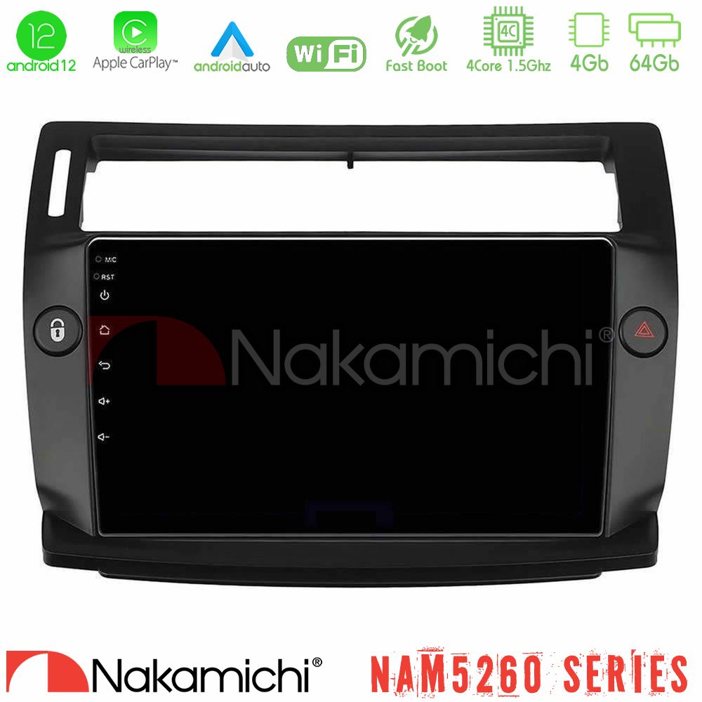 Nakamichi NAM5260 Series 4Core Android12 4+64GB Citroen C4 2004-2010 Navigation Multimedia Tablet 9" (μαύρο χρώμα) Με Carplay & Android Auto