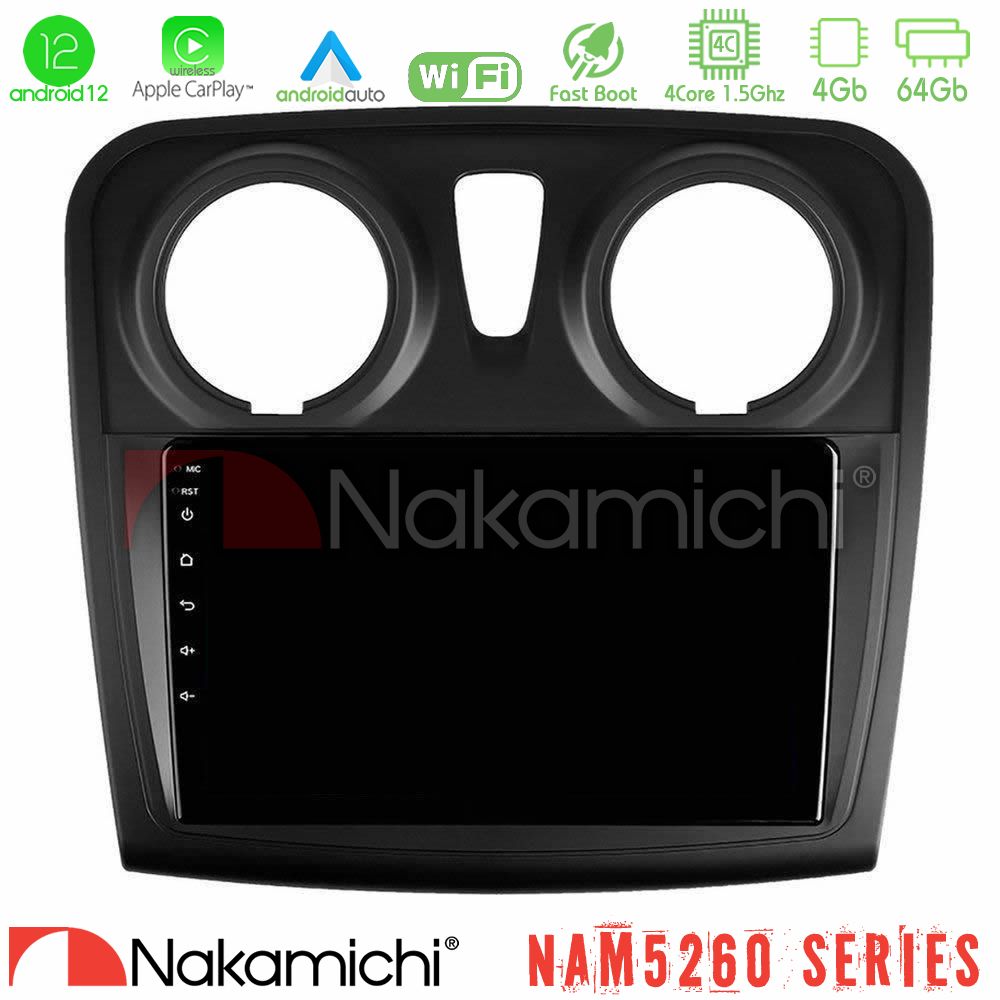 Nakamichi NAM5260 Series 4Core Android12 4+64GB Dacia Sandero/Dokker 2014-2020 Navigation Multimedia Tablet 9" Με Carplay & Android Auto