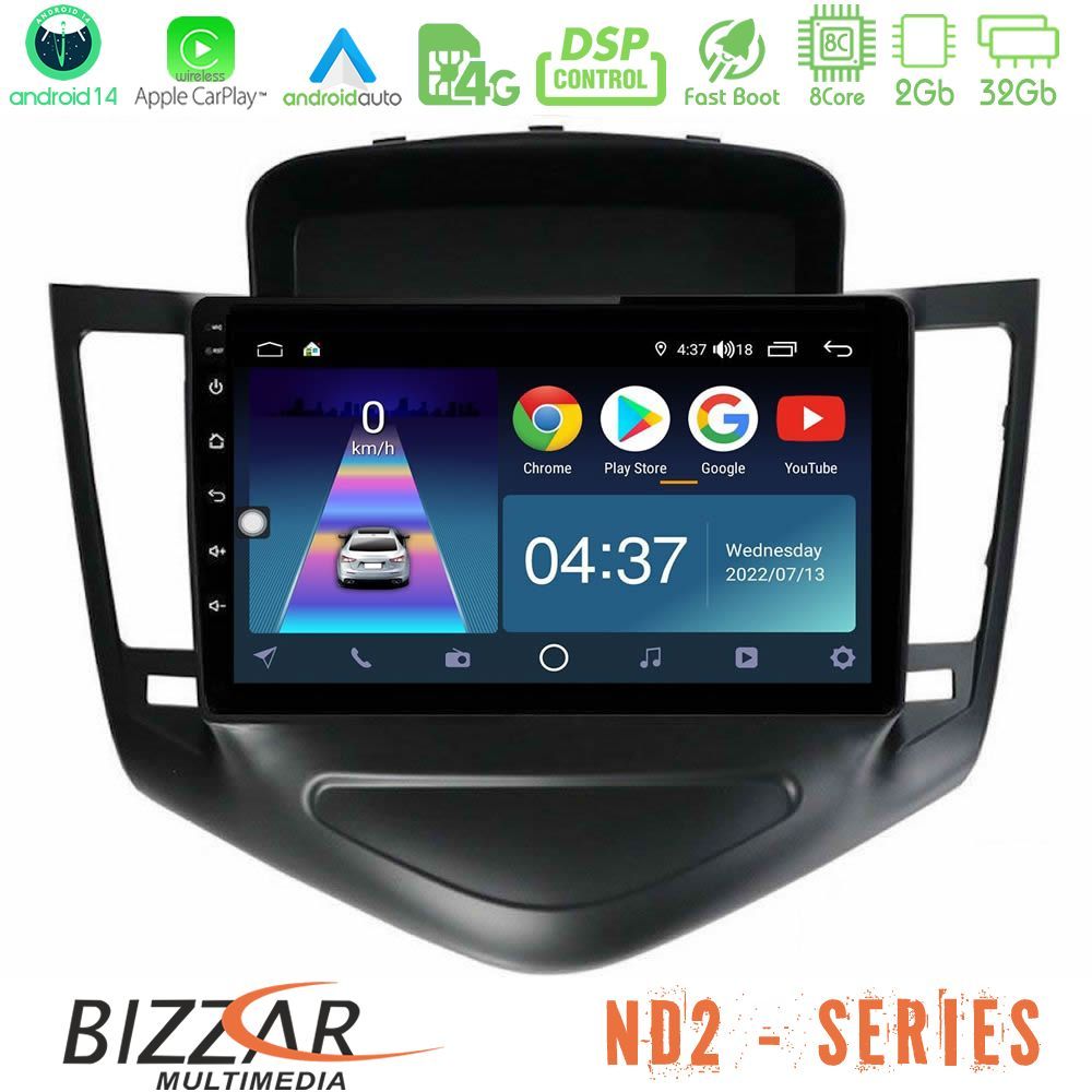 Bizzar ND2 Series 8Core Android14 2+32GB     Chevrolet Cruze 2009-2012 Navigation Multimedia Tablet 9"  Με Carplay & Android Auto (Μαύρο)