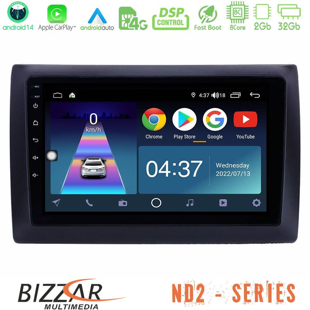 Bizzar ND2 Series 8Core Android14 2+32GB  Fiat Stilo Navigation Multimedia Tablet 9" Με Carplay & Android Auto