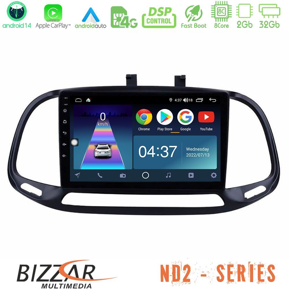 Bizzar ND2 Series 8Core Android14 2+32GB  Fiat Doblo 2015-2022 Navigation Multimedia Tablet 9" Με Carplay & Android Auto