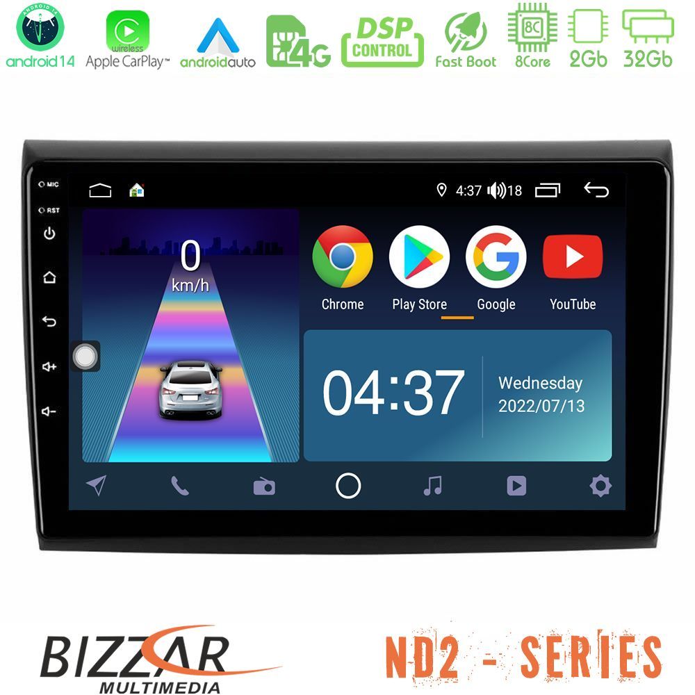 Bizzar ND2 Series 8Core Android14 2+32GB  Fiat Bravo Navigation Multimedia Tablet 9" Με Carplay & Android Auto