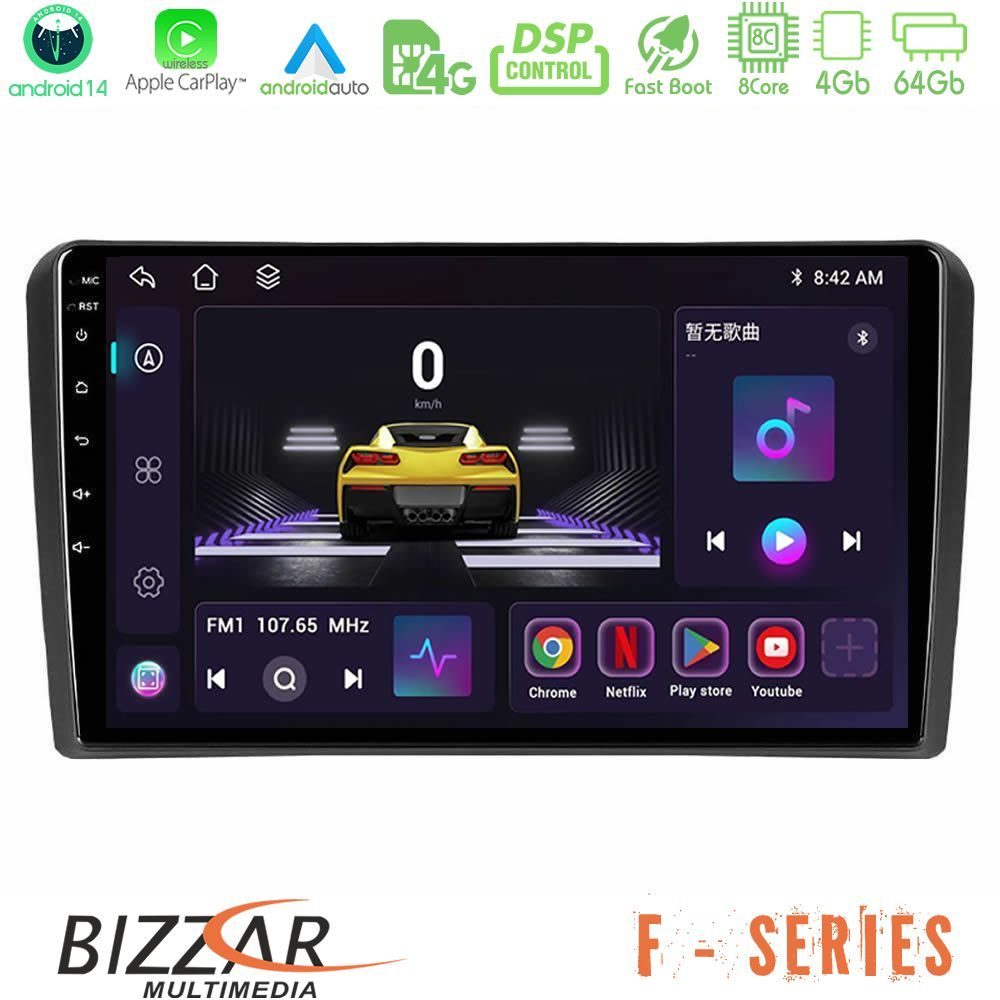 Bizzar F Series 8Core Android14 4+64GB  Audi A3 8P Navigation Multimedia Tablet 9" Με Carplay & Android Auto