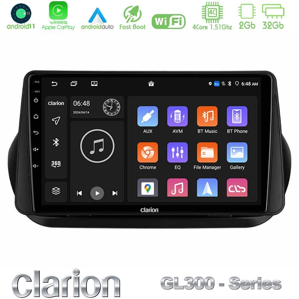 Clarion GL300 Series 4Core Android11 2+32GB Fiat Fiorino/Citroen Nemo/Peugeot Bipper Navigation Multimedia Tablet 9" Με Carplay & Android Auto