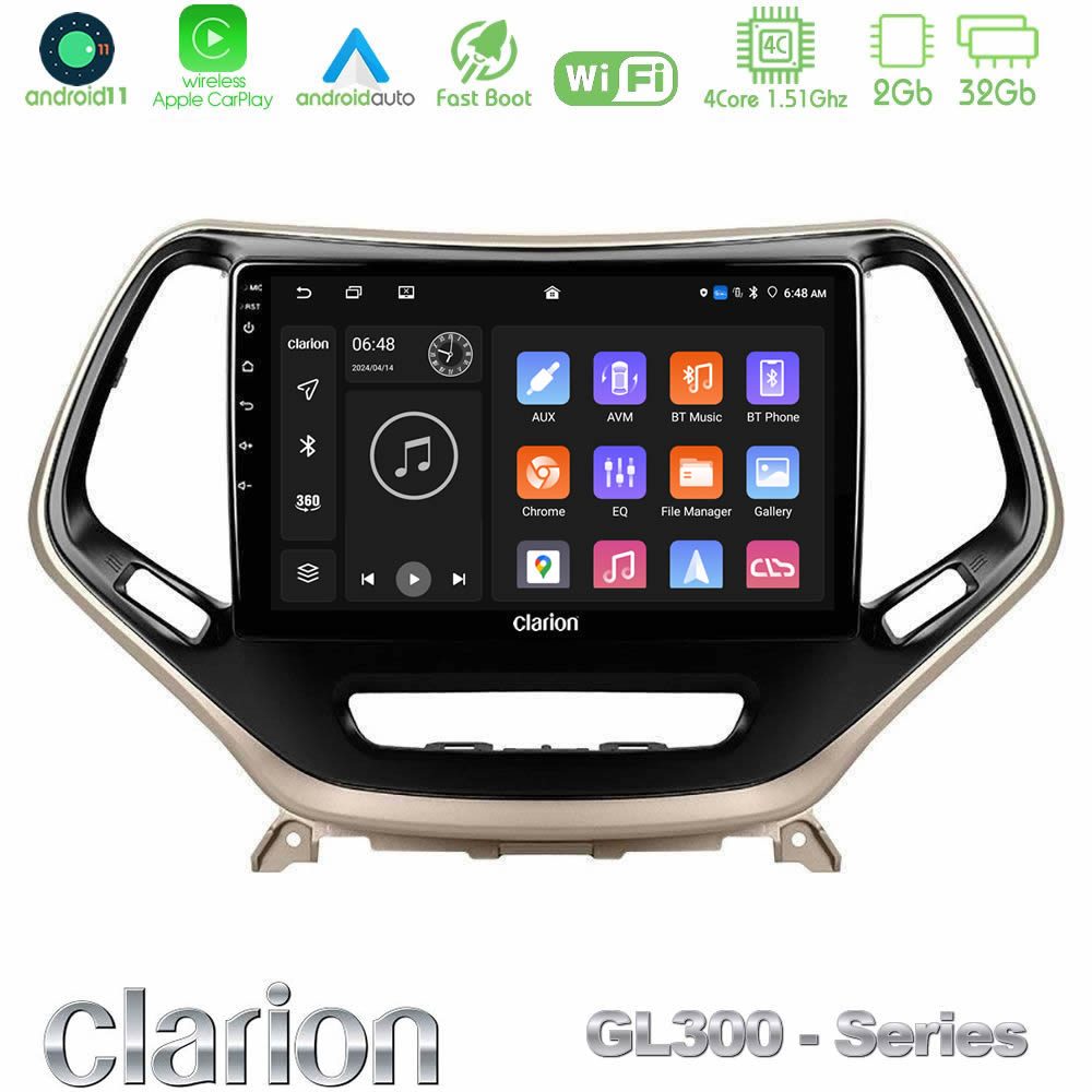 Clarion GL300 Series 4Core Android11 2+32GB Jeep Cherokee 2014-2019 Navigation Multimedia Tablet 9" Με Carplay & Android Auto