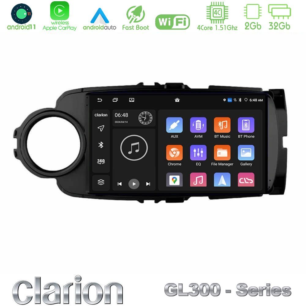 Clarion GL300 Series 4Core Android11 2+32GB Toyota Yaris Navigation Multimedia Tablet 9" (Μαύρο Χρώμα) Με Carplay & Android Auto