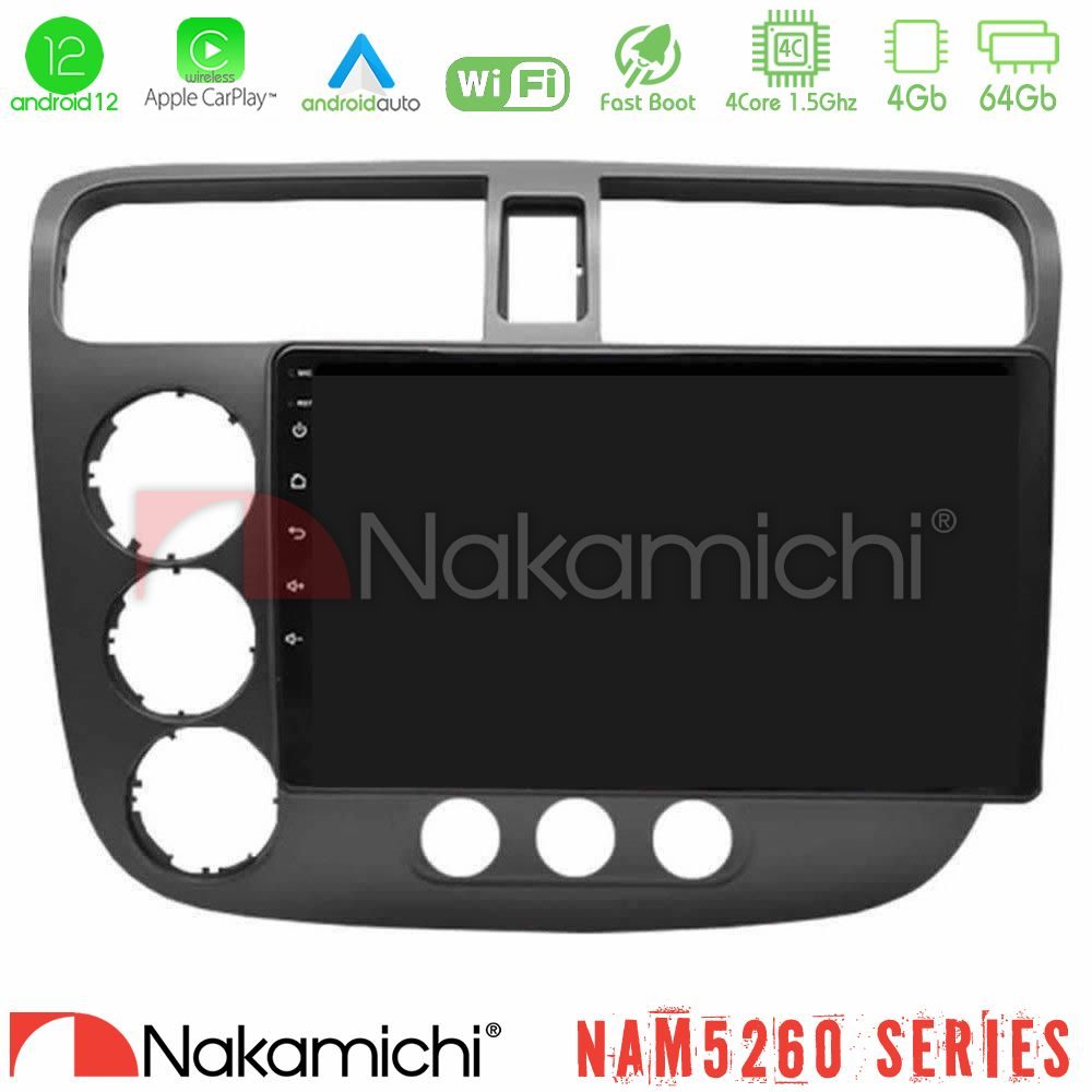 Nakamichi NAM5260 Series 4Core Android12 4+64GB Honda Civic 2001-2005 Navigation Multimedia Tablet 9" Με Carplay & Android Auto