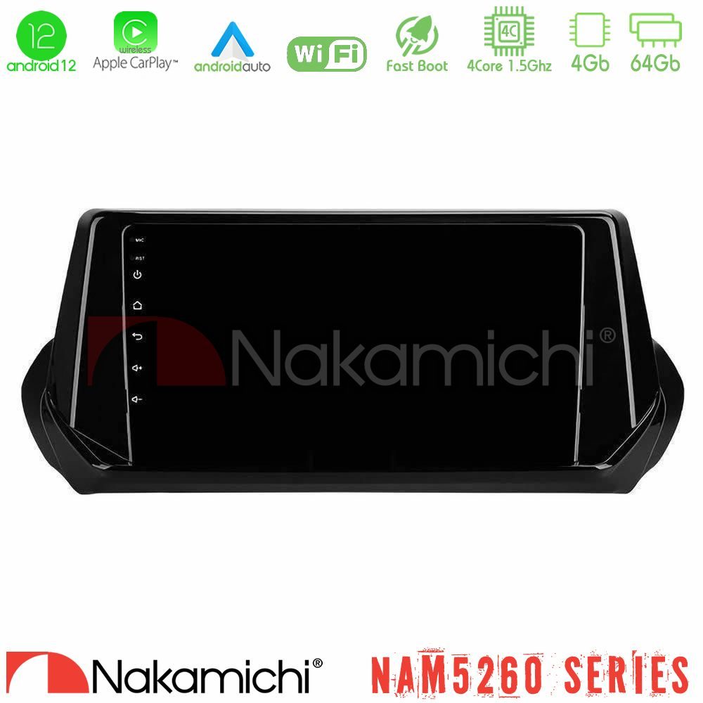 Nakamichi NAM5260 Series 4Core Android12 4+64GB Peugeot 208 2019-2023 Navigation Multimedia Tablet 9" Με Carplay & Android Auto