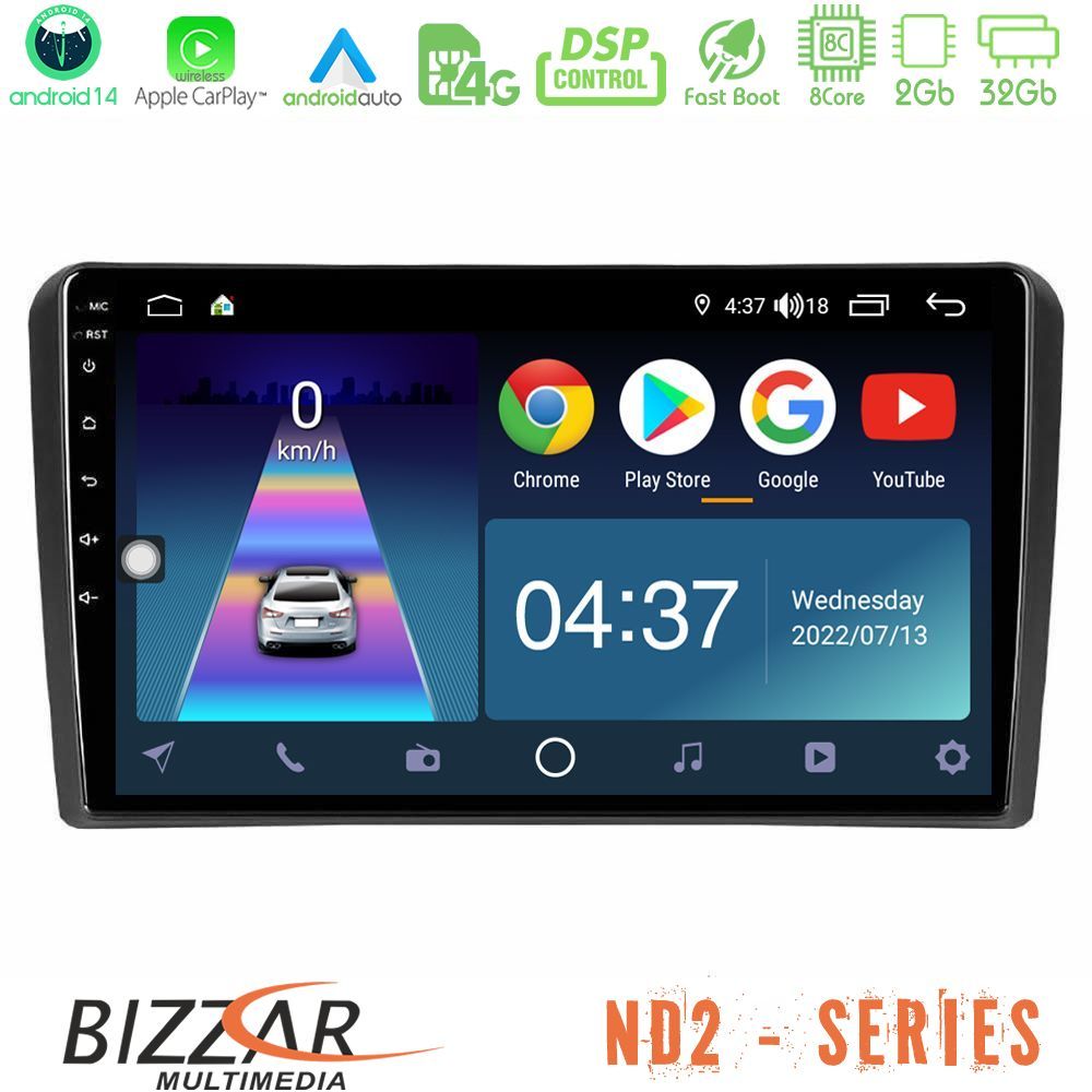 Bizzar ND2 Series 8Core Android14 2+32GB  Audi A3 8P Navigation Multimedia Tablet 9" Με Carplay & Android Auto