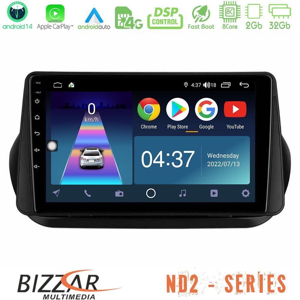 Bizzar ND2 Series 8Core Android14 2+32GB  Fiat Fiorino/Citroen Nemo/Peugeot Bipper Navigation Multimedia Tablet 9" Με Carplay & Android Auto