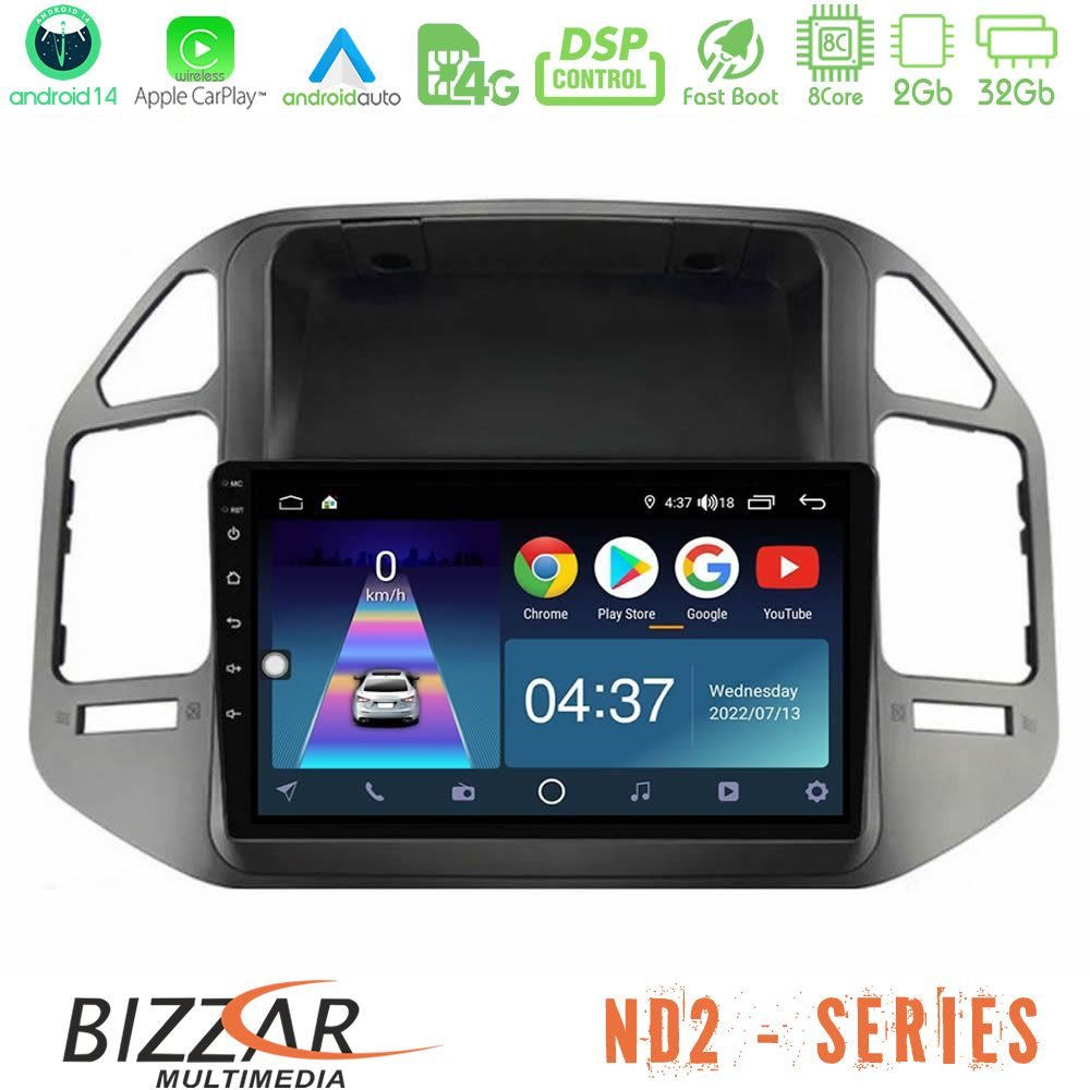 Bizzar ND2 Series 8Core Android14 2+32GB Mitsubishi Pajero 2002-2006 Navigation Multimedia Tablet 9" Με Carplay & Android Auto